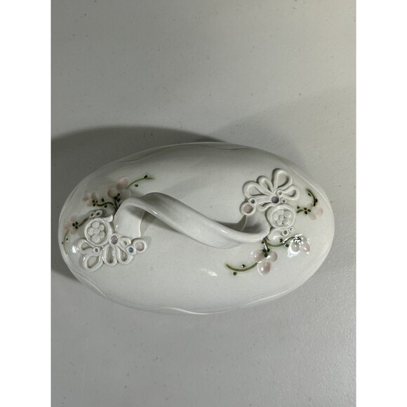 Floral Egg-Shaped Scalloped Lid Studio Art Pottery Trinket Holder Dish Signed - Picture 8 of 11